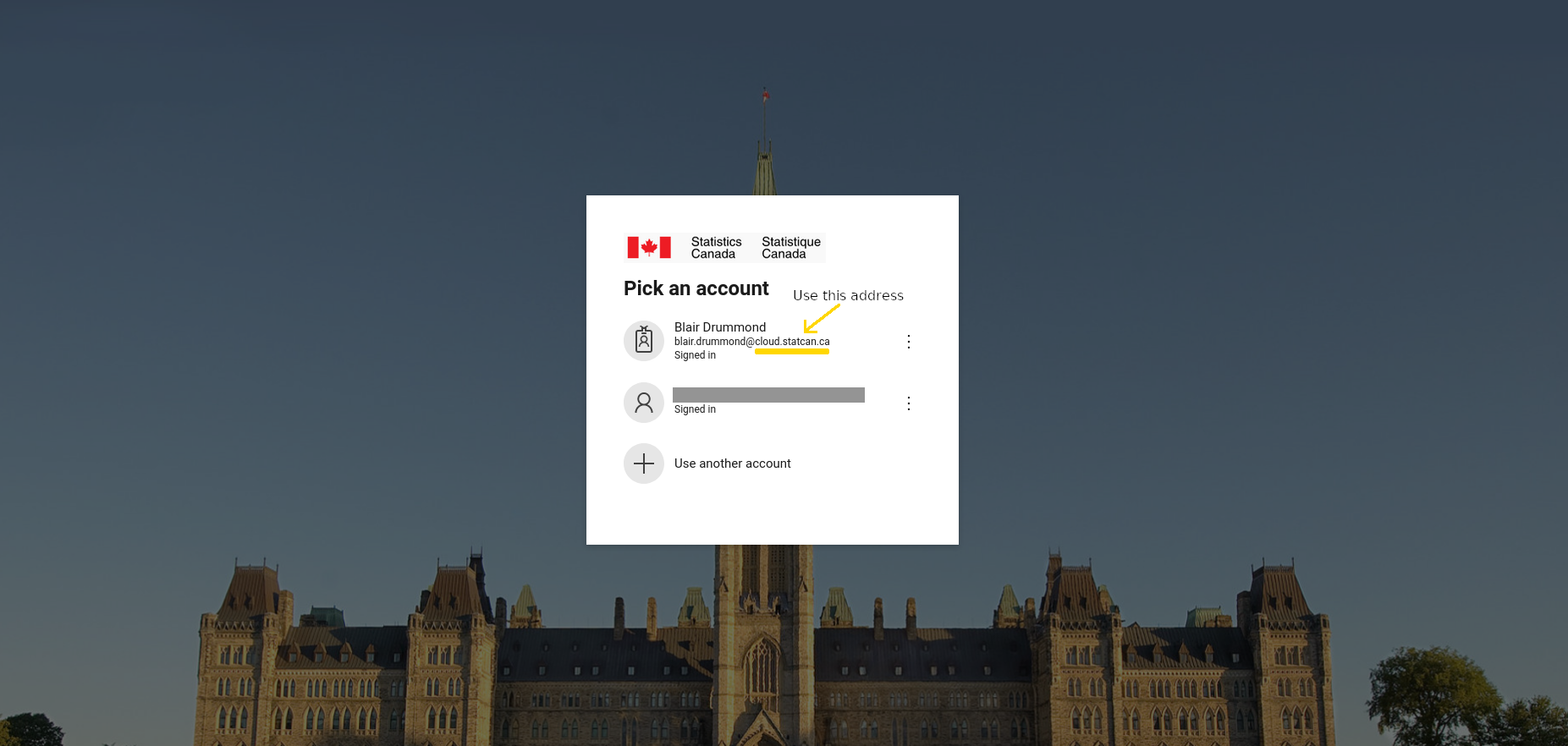 Azure Portal: Choose the @cloud.statcan.ca address