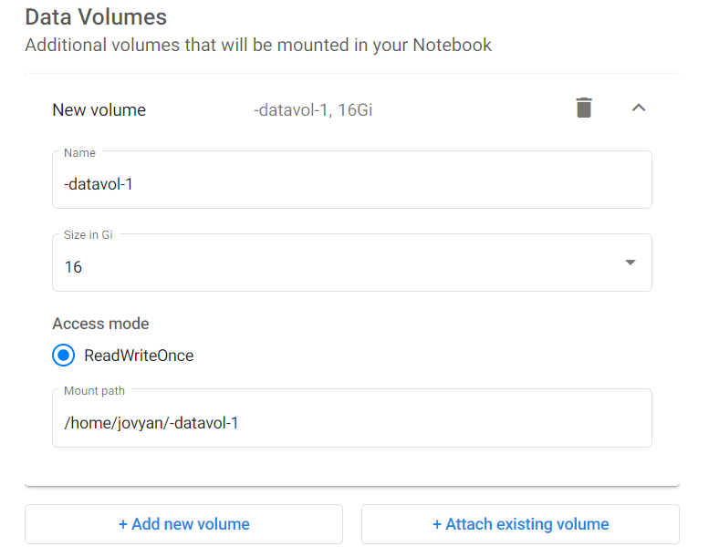 Adding an existing volume to a new notebook server