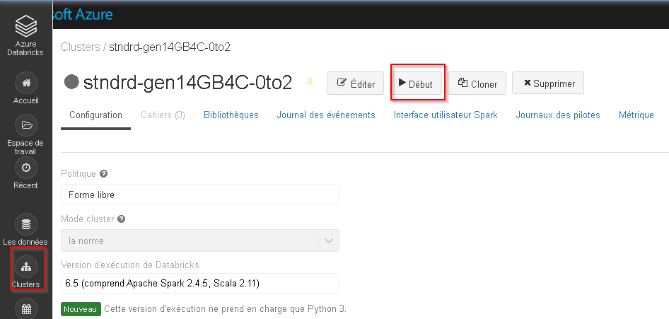 Où démarrer le cluster Databricks