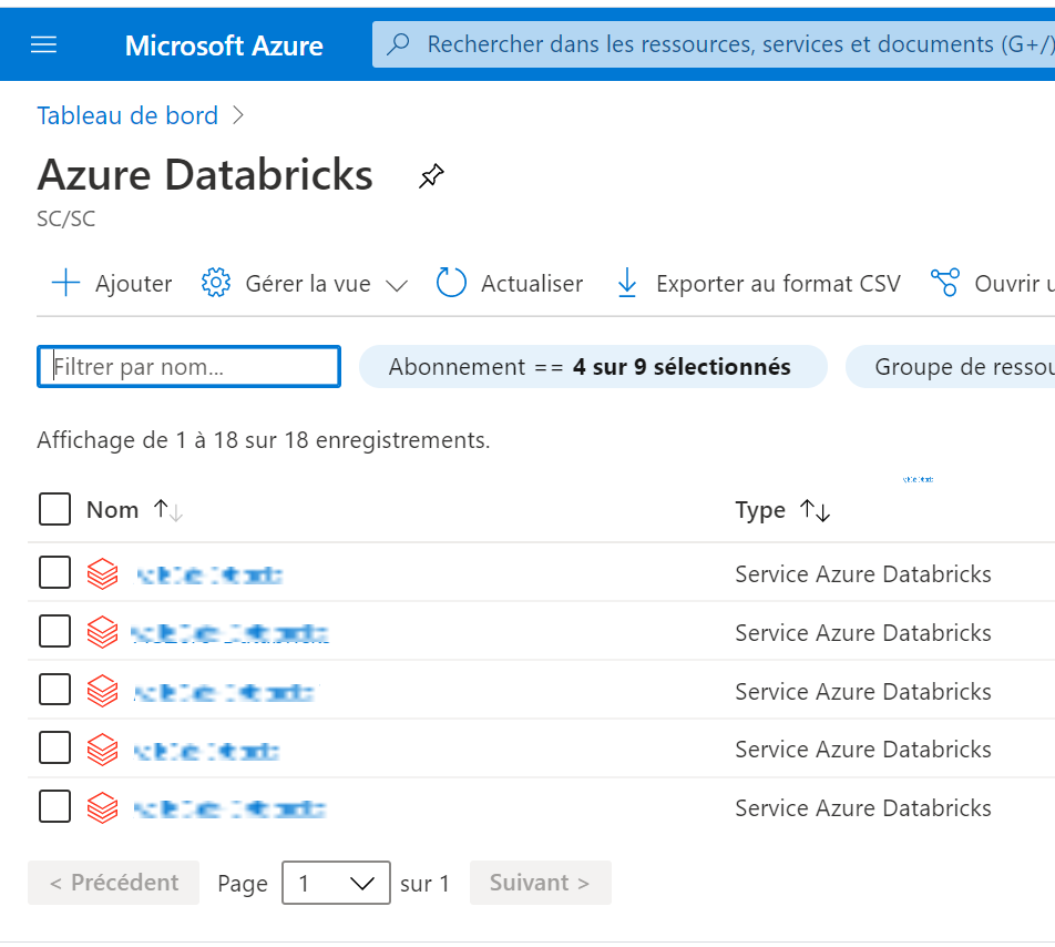 liste des espaces de travail Databricks