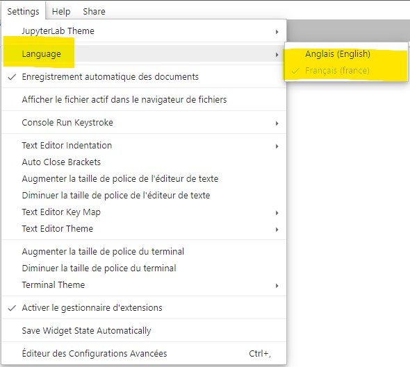 Paramètres de langue JupyterLab