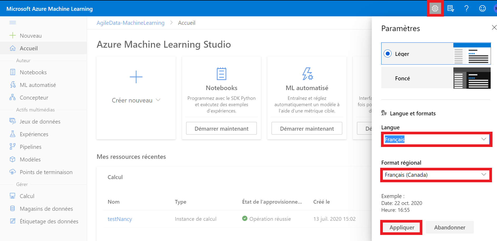 paramètres de langue Machine Learning